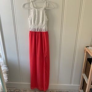 Coral & White Lace Chiffon Spring Long Maxi Dress Size 1 NWT